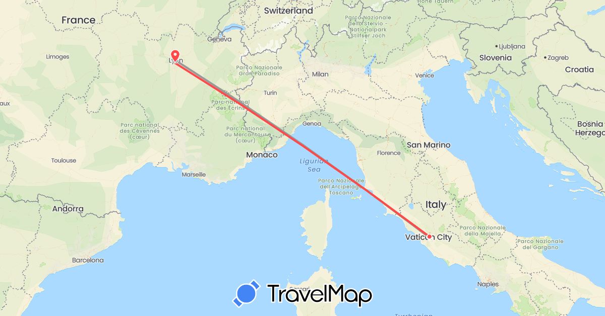 TravelMap itinerary: driving, plane, hiking in France, Italy, Vatican City (Europe)